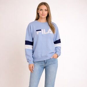 FILA Light Blue Logo Sweatshirt XL Oversized Striped Sleeve Athleisure Pullover